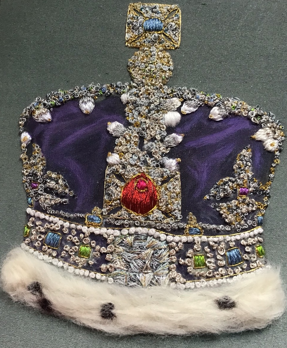 The Imperial State Crown, hand embroidered by Anne Woodgate.